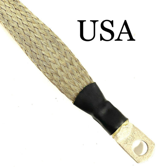 Tublar 1" wide Braided tinned copper engine ground strap wire Cable lug