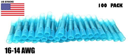 100Pcs Heat Shrink Butt Tube Splice Connector 16-14GA Gauge Blue Wire Terminal